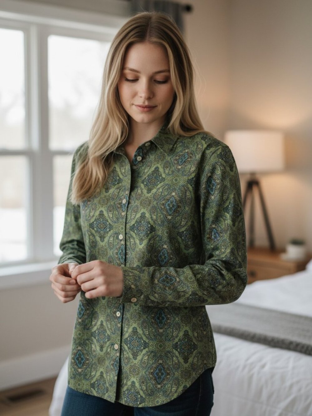 NWOT Charter Club Green/Blue Paisley Print Button-Down Shirt Long Sleeve Size 14